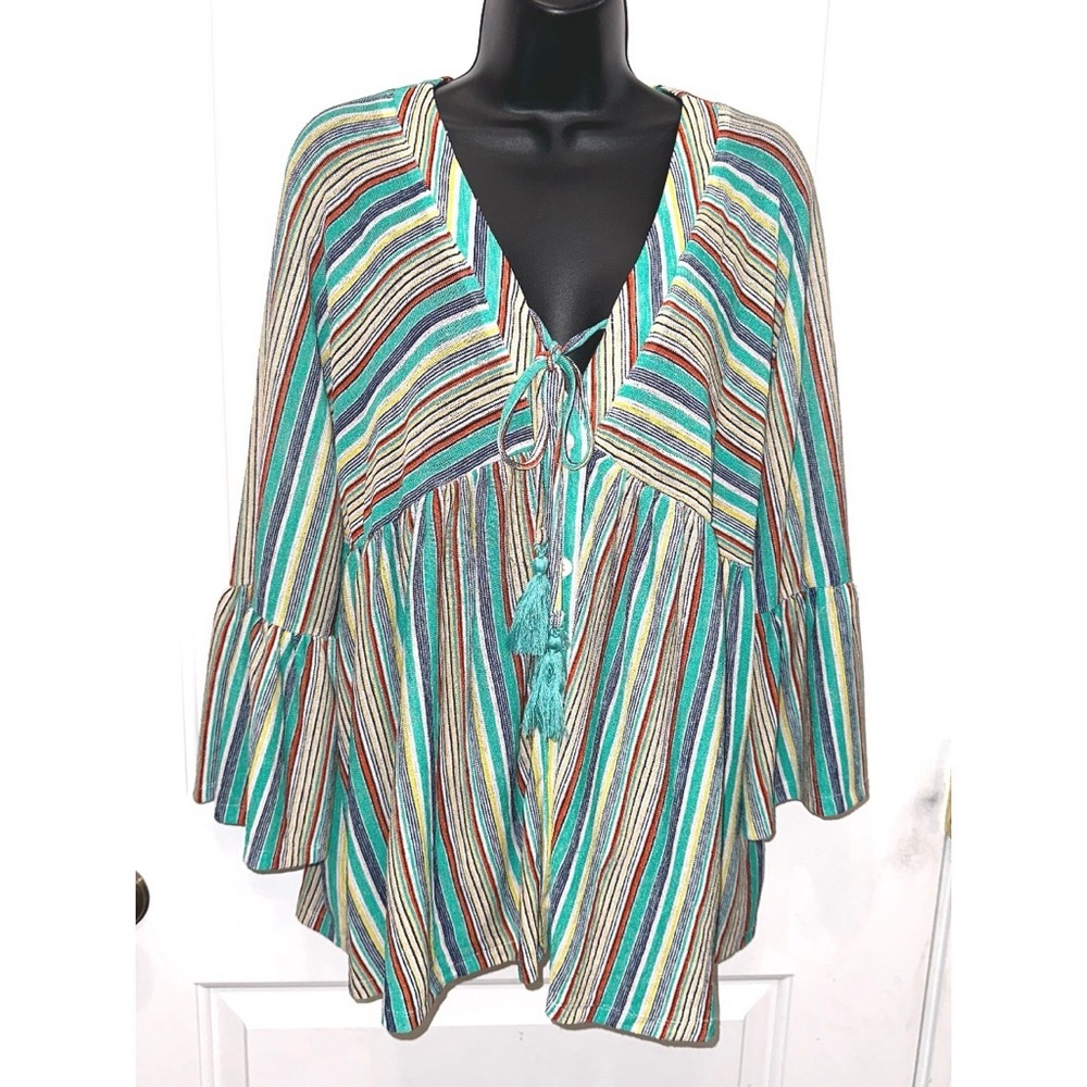 Main Strip blue/teal/red/yellow striped top with bell sleeves